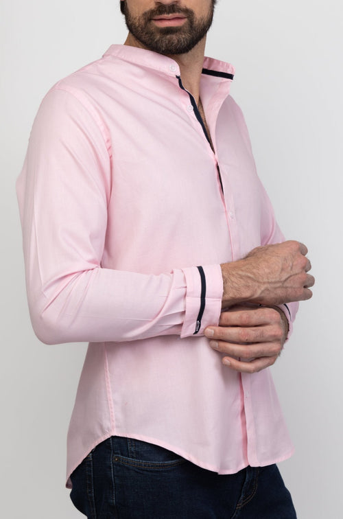 Camisa Mónaco Premium Pink Con Cuello Mao & Detalles Marino