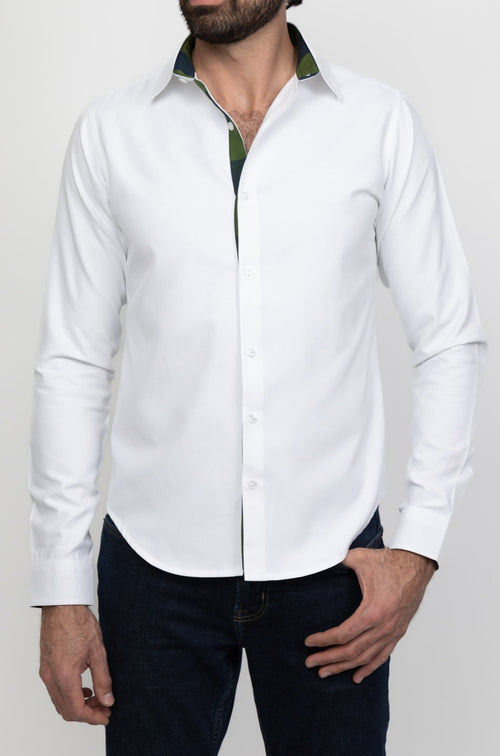 Camisa Mónaco Oxford Blanco & Detalles Cuadros Olivo
