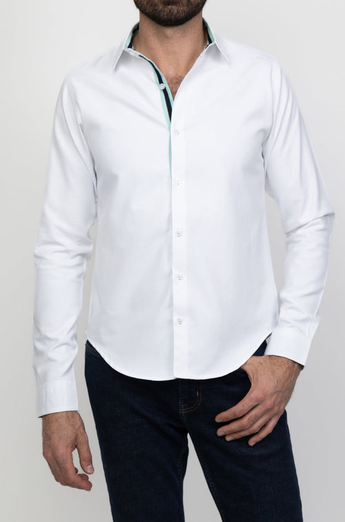 Camisa Mónaco Oxford Blanco & Detalles Aqua Y Marino