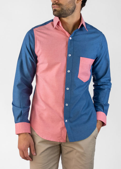Camisa Mónaco Oxford Blue & Coral Color Block